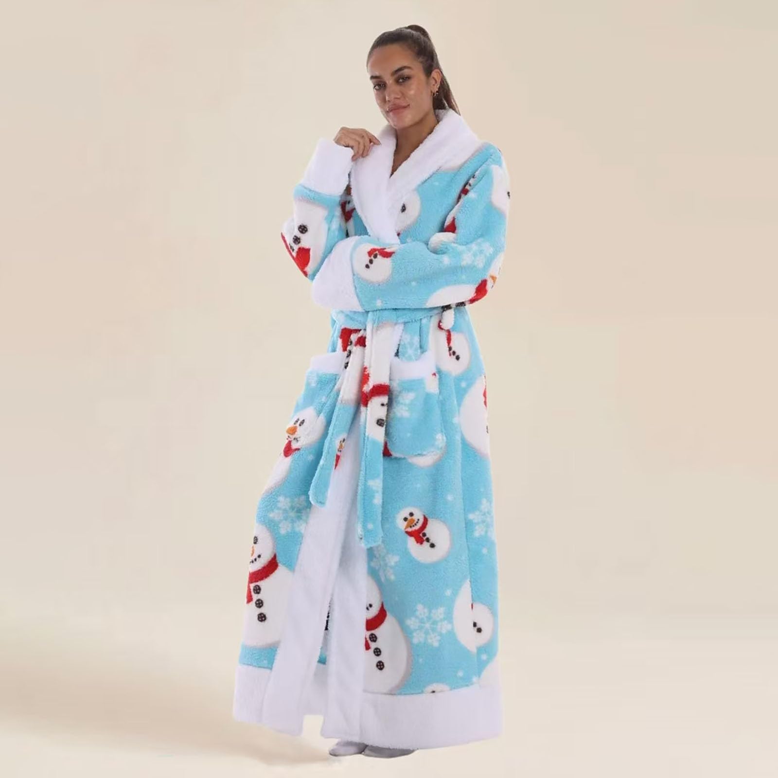 Generisch Accappatoio lungo in flanella con motivo pupazzo di neve, colletto a risvolto, per uomo e donna, caldo, unisex, con tasche in vita, per accoglienti serate di coppia