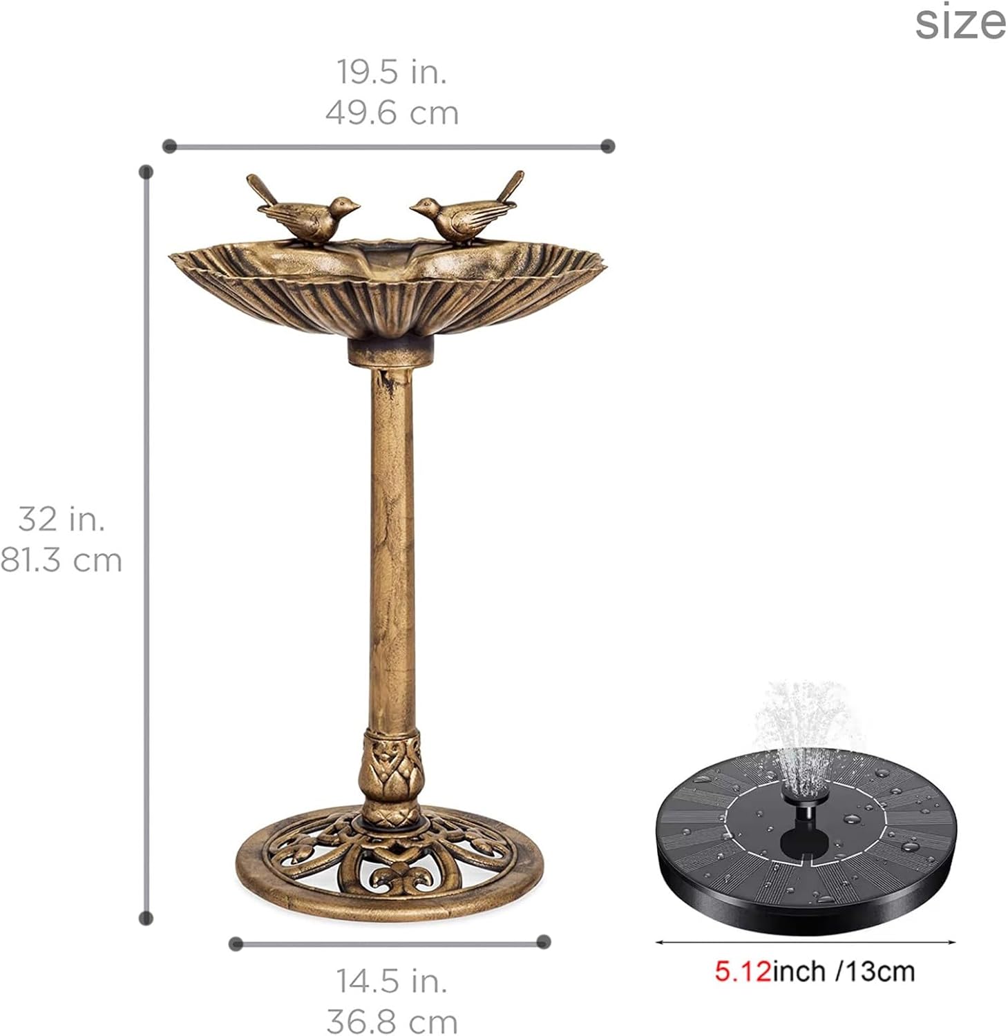 Water Fountain and Birdbath Solar Powered Polyresin Vintage Bronze/Green Outdoor Pond Fountain Combo Set Freestanding Bird Feeders for Garden Patio Deck or Yard