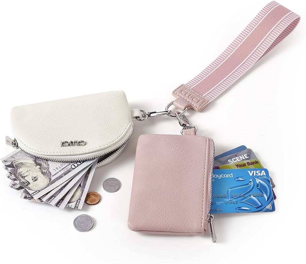 CLUCI Keychain Wallet for Women PU Leather Coin Purse Detachable Dual Pouch Wristlet Wallet Zipper Pocket Pink With Brown