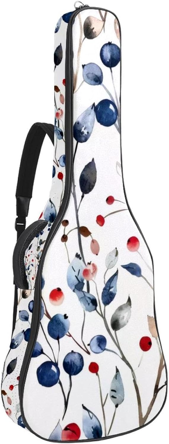 Acoustic Guitar Bag 0.4 Inch Thick Padding Waterproof Guitar Case Gig Bag for 40 41 42 Inch Electric Bass Classical Guitar, Watercolor Sprigs of Plants and Wild Berries Pattern