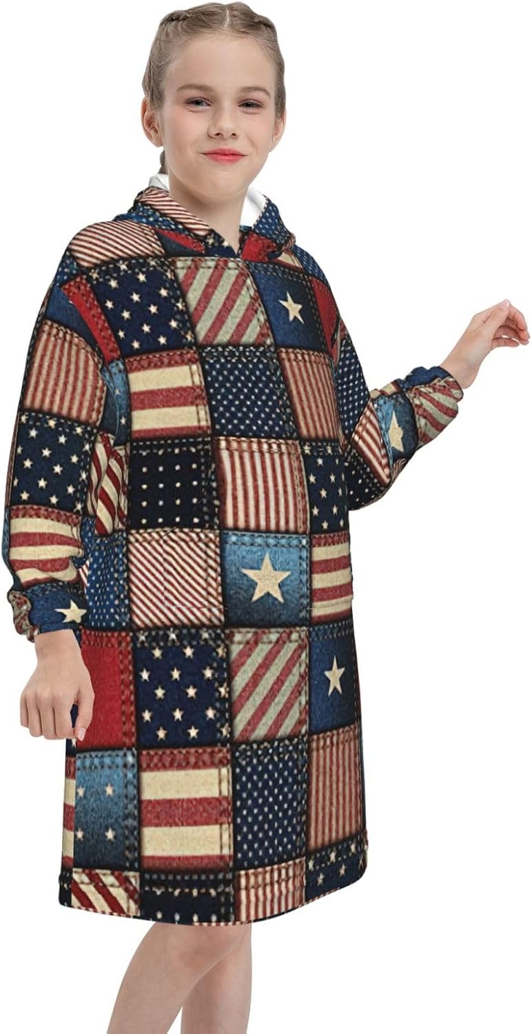 American Flag Patchwork Print Oversized Blanket Hoodie, Wearable Blanket Hooded,Hooded Pullover With Pocket