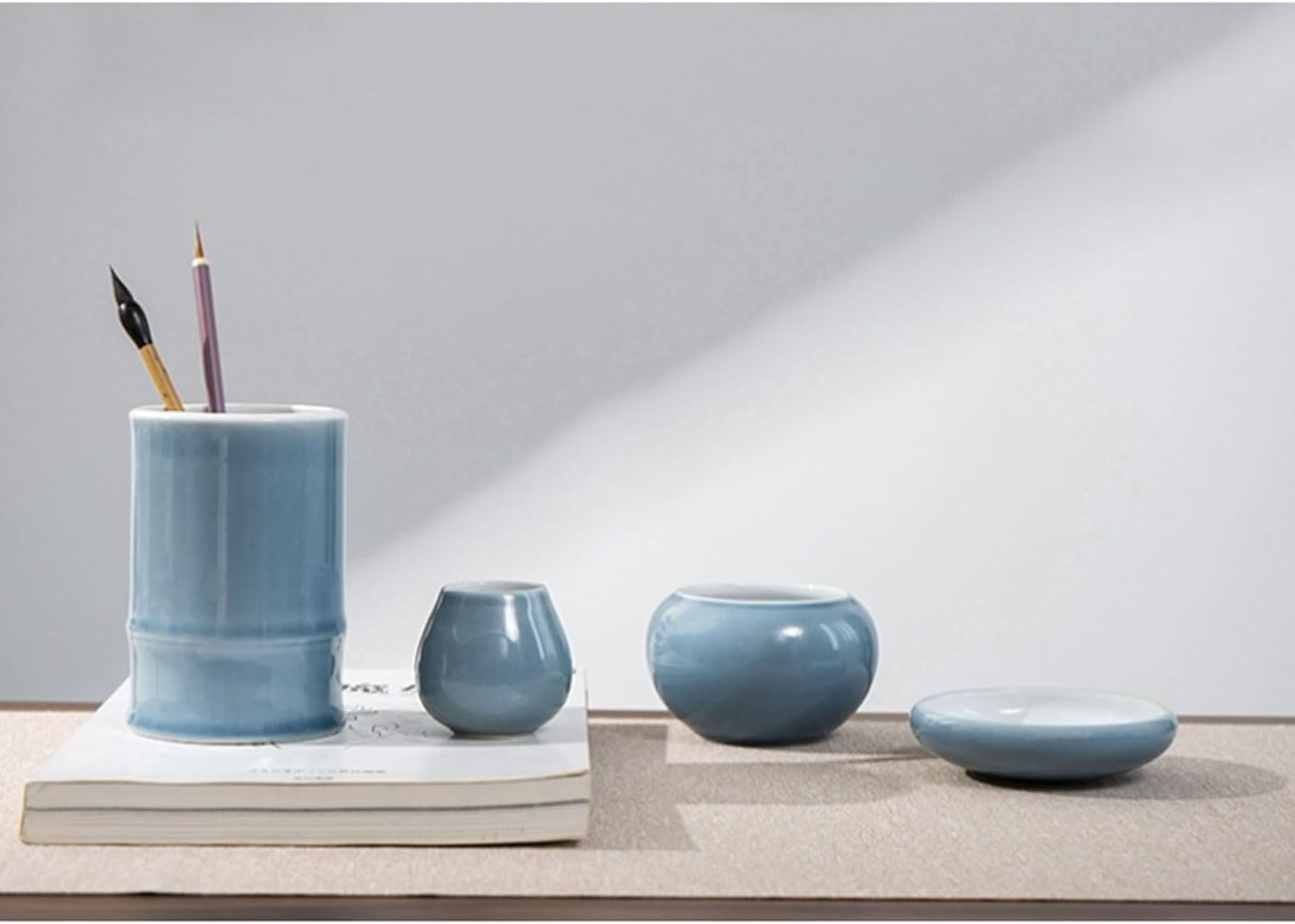 アンティークセラミックペンホルダー、青釉竹風ブラシペンオーガナイザー、禅風デスクトップ収納、オフィス用