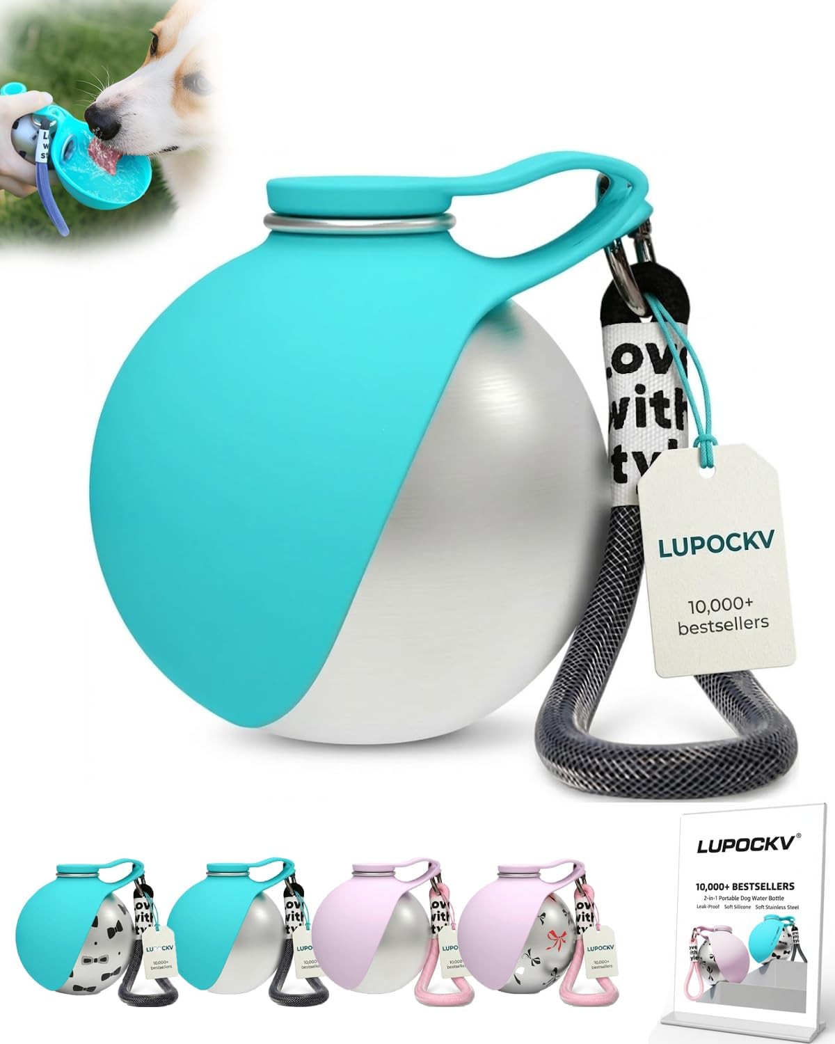 Dog Water Bottle with Bowl 2-in-1 Portable Dog Bottle Pet Travel Hydration Dispenser Container Cup Drinking Outdoor Leak Proof Built in Design Lightweight Easy Carry for Walking Hiking(Blue,1)