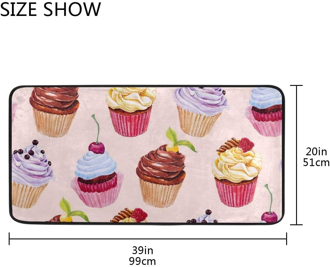 Kitchen Rugs Watercolor Cupcakes Design Non-Slip Soft Kitchen Mats Bath Rug Runner Doormats Carpet for Home Decor, 39" X 20"