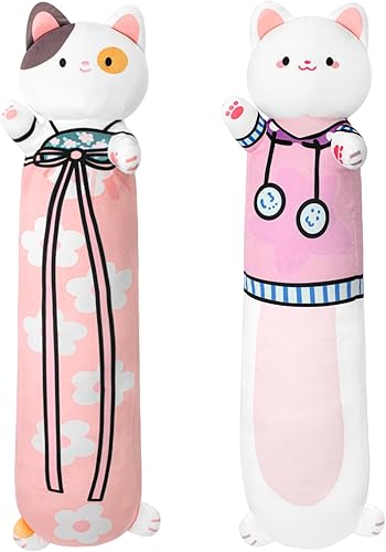 2 almohadas largas de felpa con forma de gato, 20 pulgadas, animales de peluche de gato, lindos peluches kawaii, gatito, regalo para niños y niñas