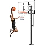 LotFun In-Ground Basketball Hoop, 54 Inch Shatterproof Polycarbonate Backboard, Adjustable Height 7.5-10 Feet with Crank, Black, Portable
