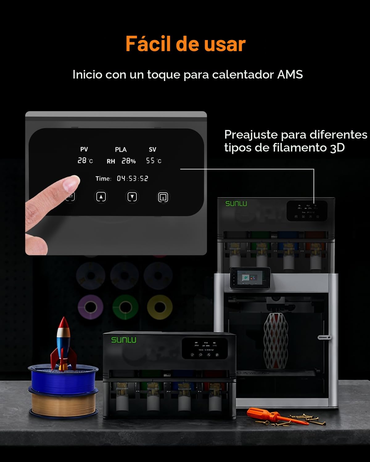 SUNLU Oficial AMS Heater, Secado e impresión simultáneos, Secador de filamento para impresoras 3D AMS Gen 1, Control inteligente de humedad, Hasta 70 °C en 20 minutos, Capacidad para 4 bobinas