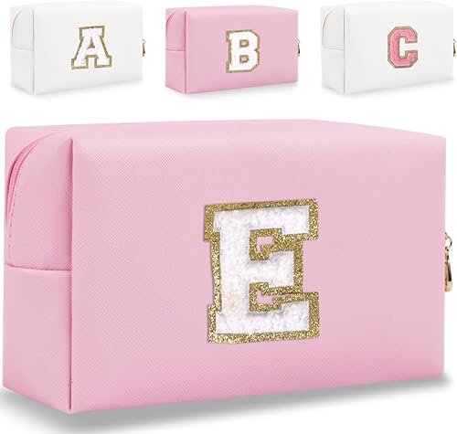 HENGNI Pequeña bolsa de maquillaje personalizada con letra inicial, bonita bolsa impermeable de piel sintética de chenilla para cosméticos, bolsa de