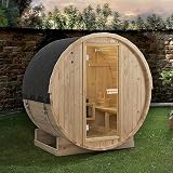 Luxus Outdoor Holz Fasssauna Saunafass Größe M 120x195 cm mit 3,6 KW Saunaofen für 2 Personen KOMPLETT Set mit Sauna Ofen Zubehör LED massiv Fichte