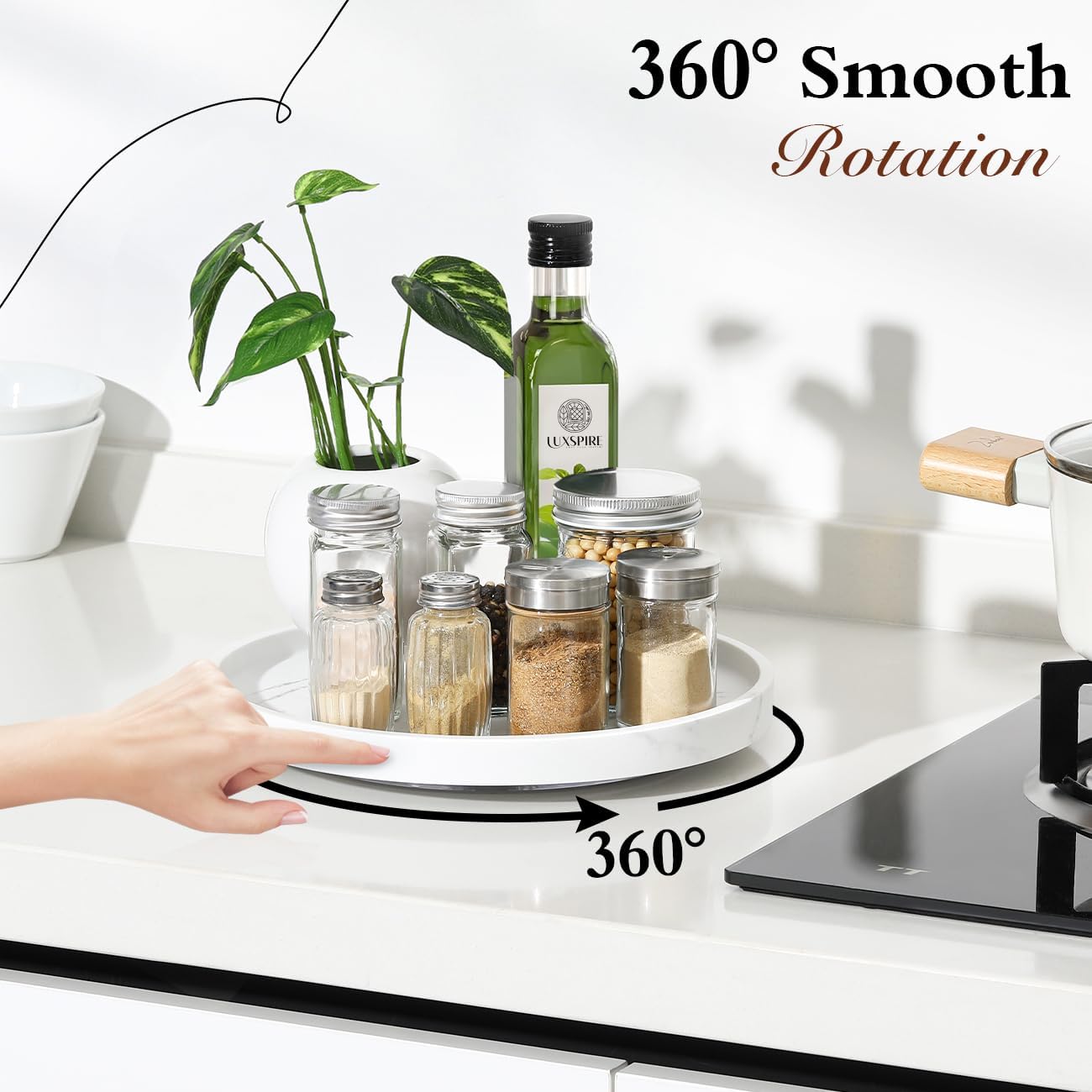 Luxspire Turntable Lazy Susan for Table Top, Marble Round Tray 10.63 inch, Lazy Susan for Cabinet Dining Table Kitchen Pantry, Rotating Bathroom Countertop Organizer, Gravel White