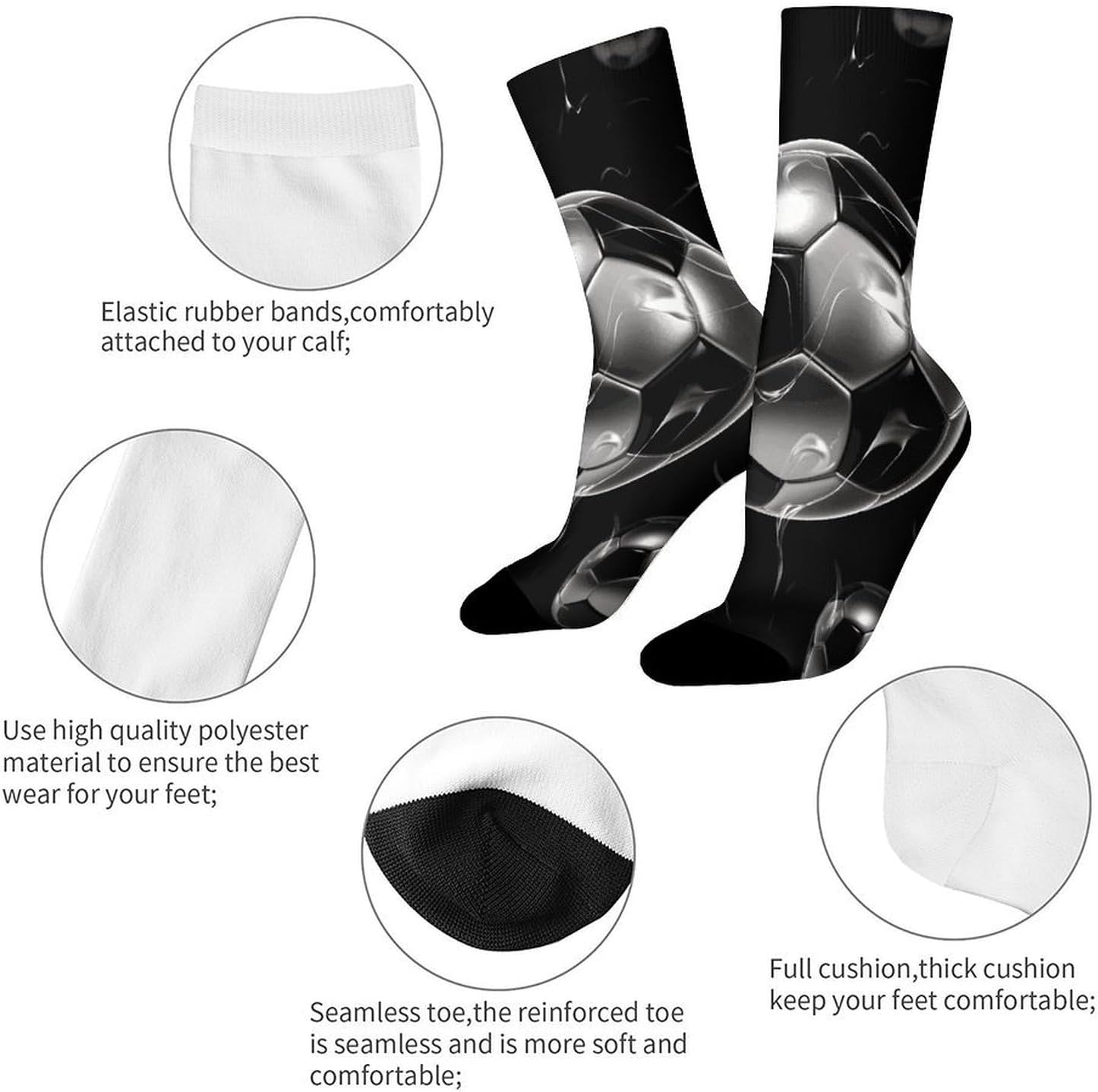 Breathable Sports Socks, Moisture Wicking, Lightweight Crew Socks | Soccer Black Athletic Calf Socks for Women Men, Casual, Anti-Slip, Multifunctional Work Socks