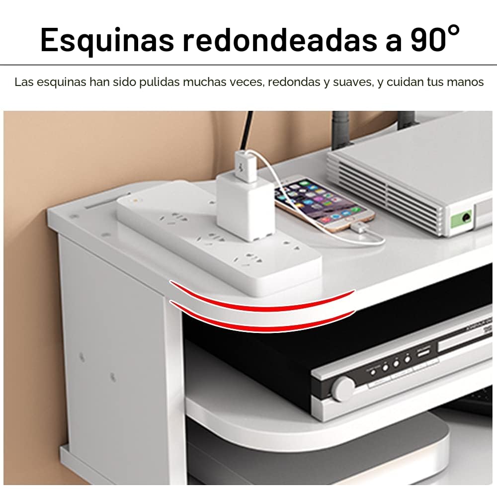 Estante de Pared para Router WiFi y Decodificador, 3 Niveles, Blanco | Madera maciza de 12 mm, diseño abierto y 3 niveles; permite organizar cables, no bloquea la señal y es fácil de limpiar.