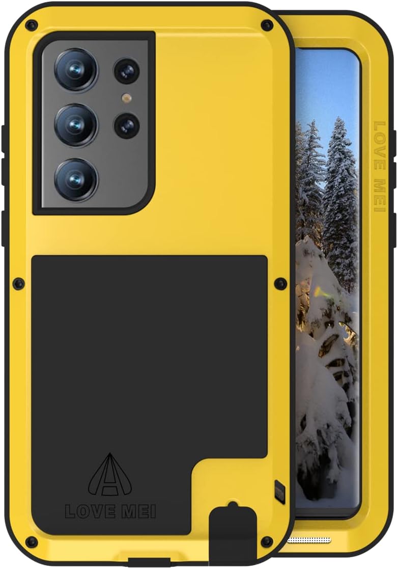 LOVE MEI Compatible with Samsung Galaxy S23 Ultra Case,【Without Tempered Glass】 Outdoor Sports Military Heavy Duty Shockproof Hybrid Aluminum Metal+Silicone Case Hard Cover (Yellow)