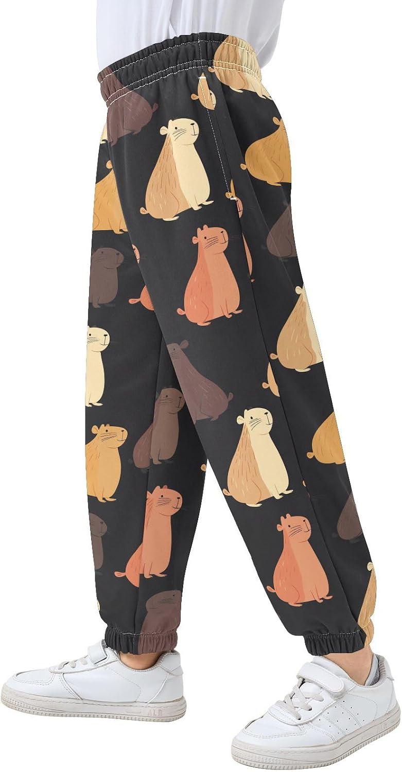 Boy Sweatpants Capybara Cartoon Animals Joggers Casual Athletic Pants Kids Elastic Waist Cuffed with Pockets