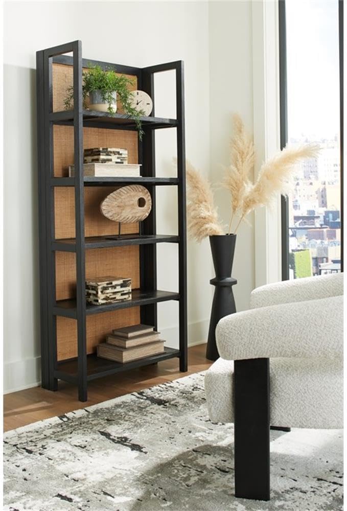 BOWERY HILL Wood Bookcase, 70" H x 30" W x 14" D, Black & Natural Finish, Rattan Back, 5 Fixed Shelves, Solid and Engineered Wood Construction, Contemporary Style for Living Room or Home Office