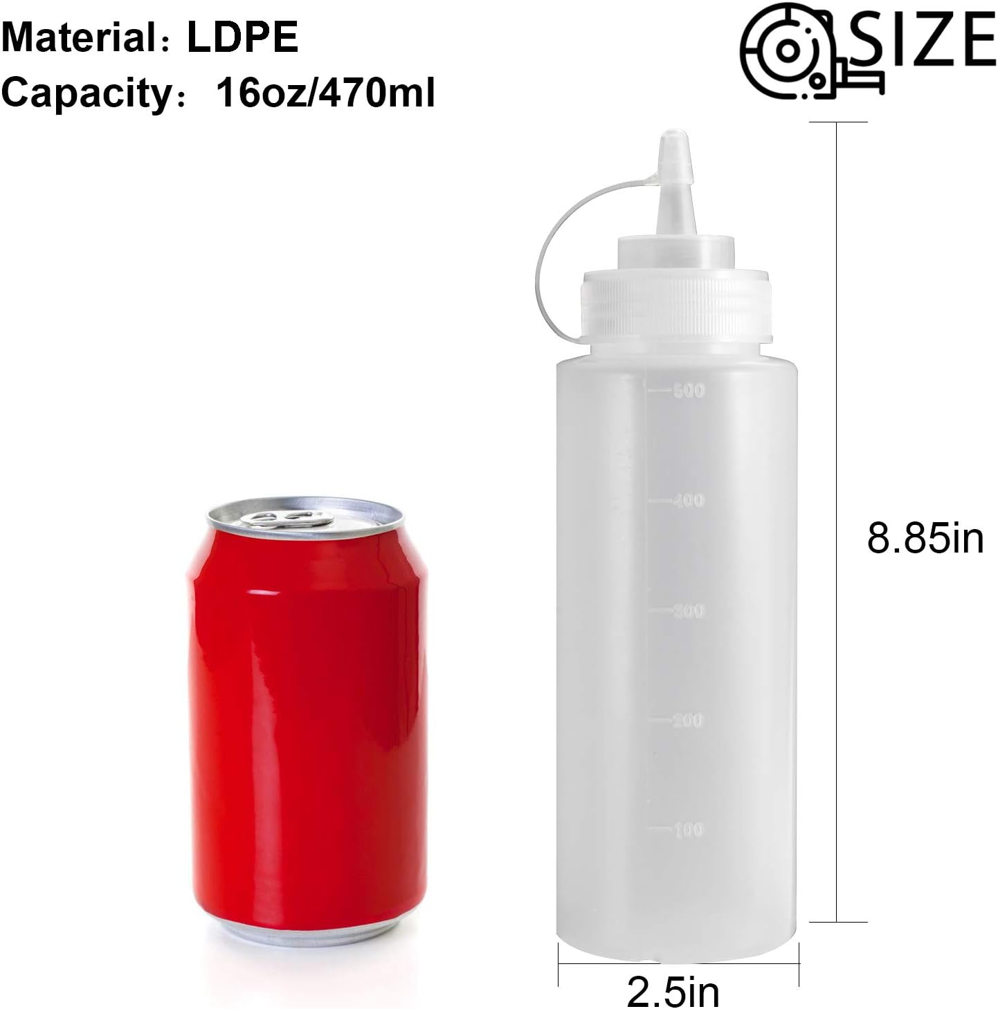 OAMCEG 8 Pack Condiment Squeeze Bottles 16 OZ Durable Plastic Squeeze Squirt Bottle with Discrete Measurements, for Ketchup, BBQ, Sauces, Syrup, Condiments, Dressings, Arts and Crafts - BPA Free