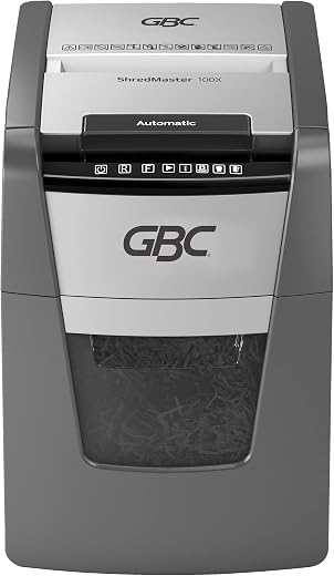GBC ShredMaster AUTO+ 100X Auto Feed Paper/Credit Card Cross Cut Shredder with 100 Sheet Capacity and 34L Bin for shreddin...
