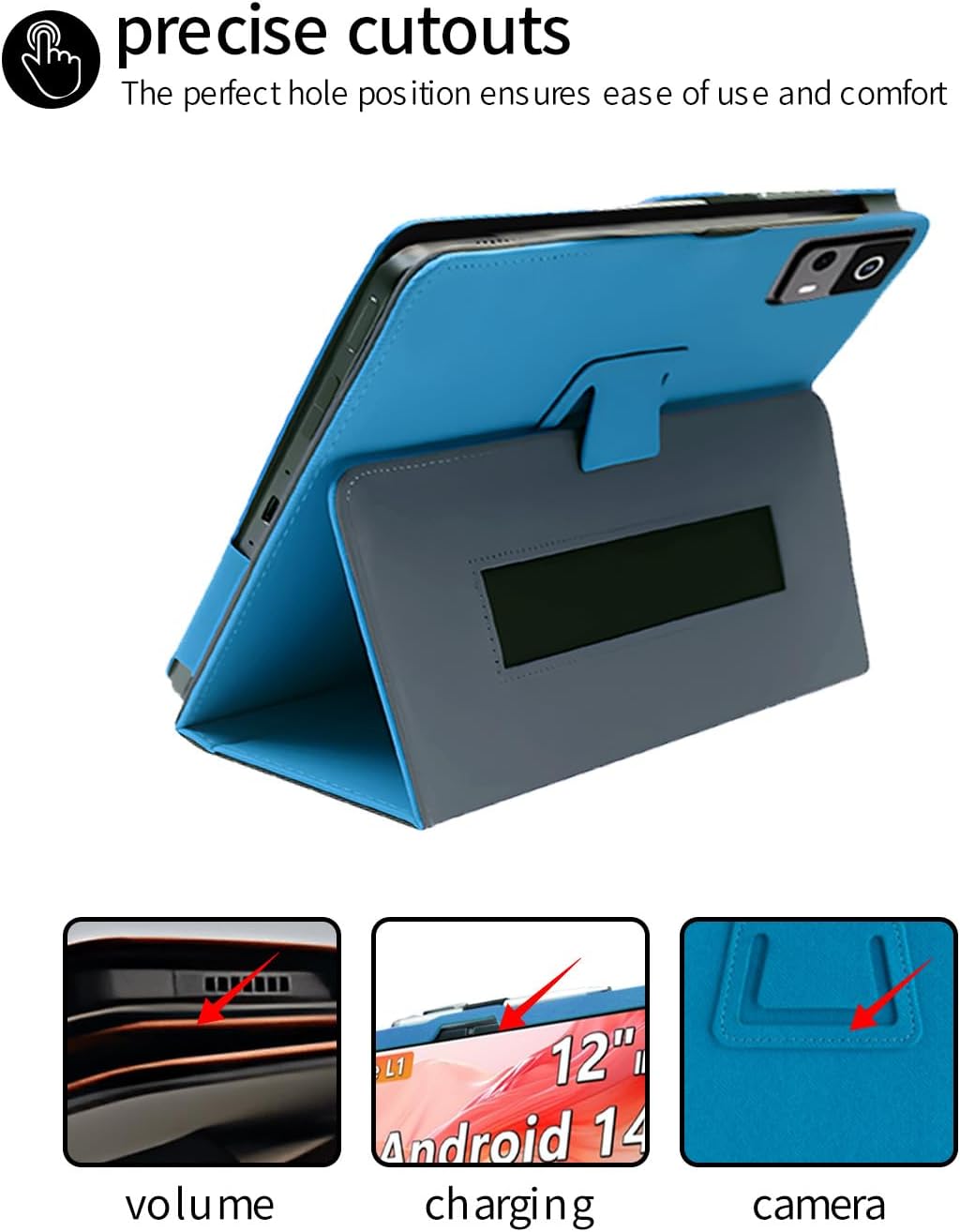 Close-up images highlighting precise cutouts for volume buttons, charging port, and camera on the tablet case.
