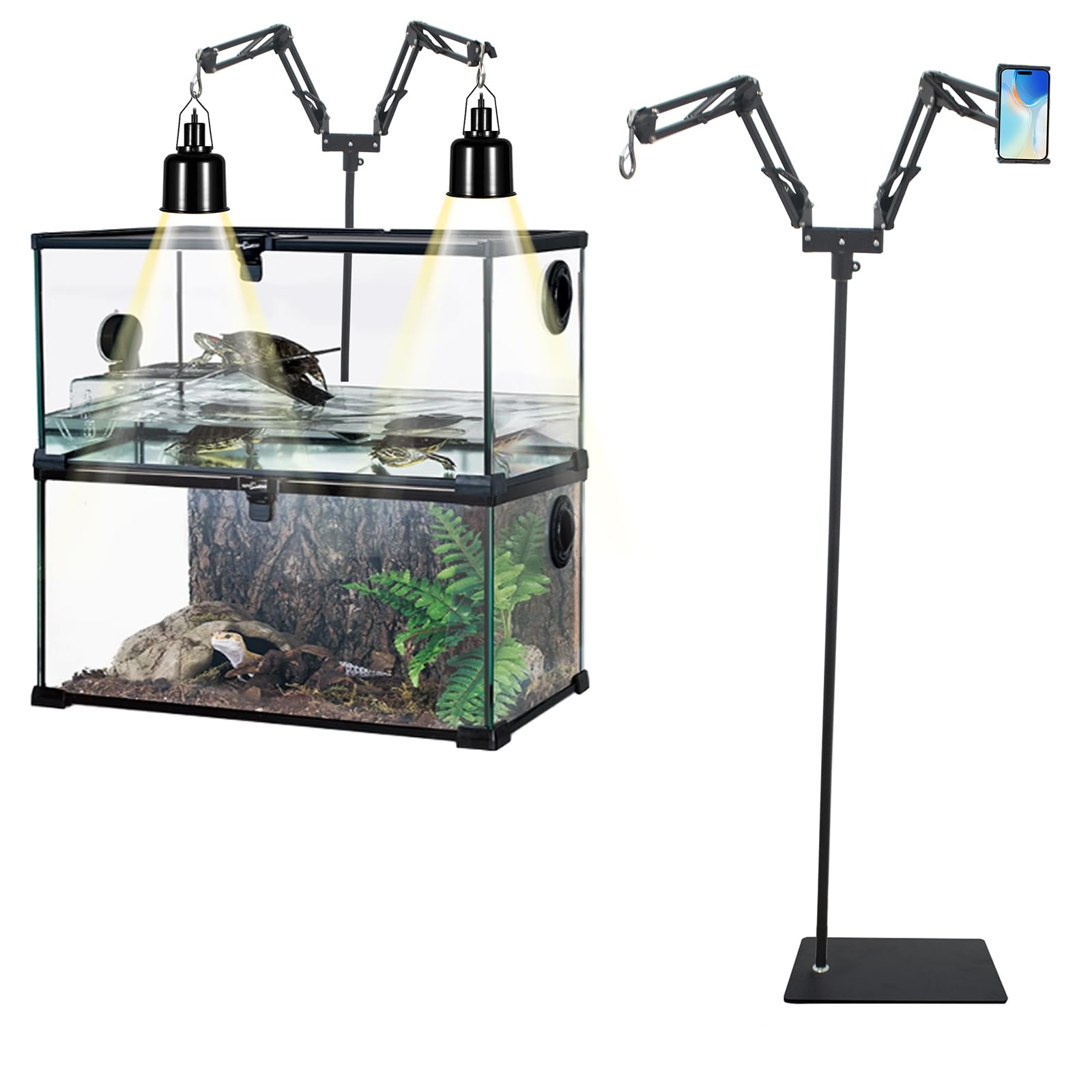 Support de Lampe Chauffante Dual pour Reptiles,Réglable Hauteur 39 à 175 cm,Bras Pivotant à 360° Support de Lampe pour Terrarium,pour Tortue Lézard Serpent