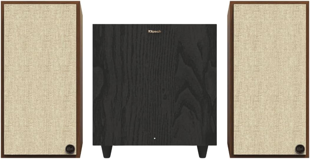 Klipsch Home Theater Bundle: The Sevens Heritage Inspired Powered Speakers (Walnut) and R-80SWi 8" Wireless Subwoofer (Black) - Powerful 2.1 Audio System