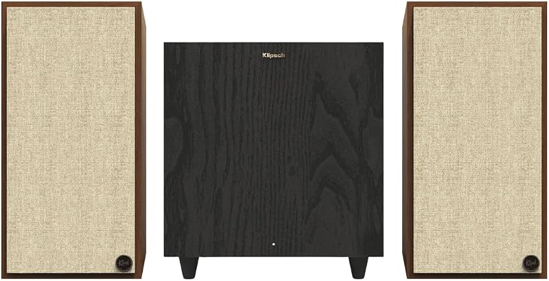 Paquete de cine en casa: parlantes autoamplificados The Sevens Heritage Inspired (nogal) y subwoofer inalámbrico R-80SWi de 8" (negro) - Potente sistema de audio 2.1