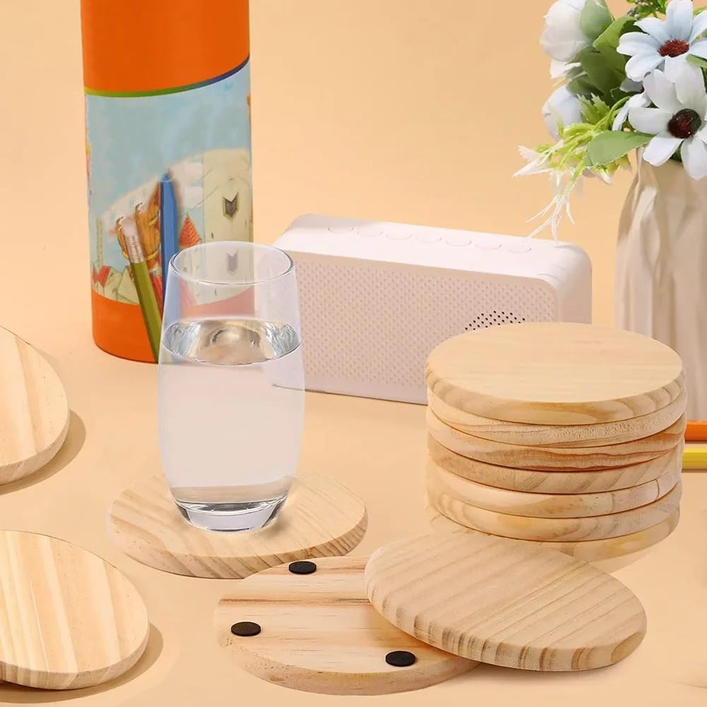 Queenbox 4" Round Wood Coaster, 5PCS Blank Wooden Placemat with Non Slip Pad for Kitchen, Office, Coffee Table Mat, Plant Tray, Bar, Painting