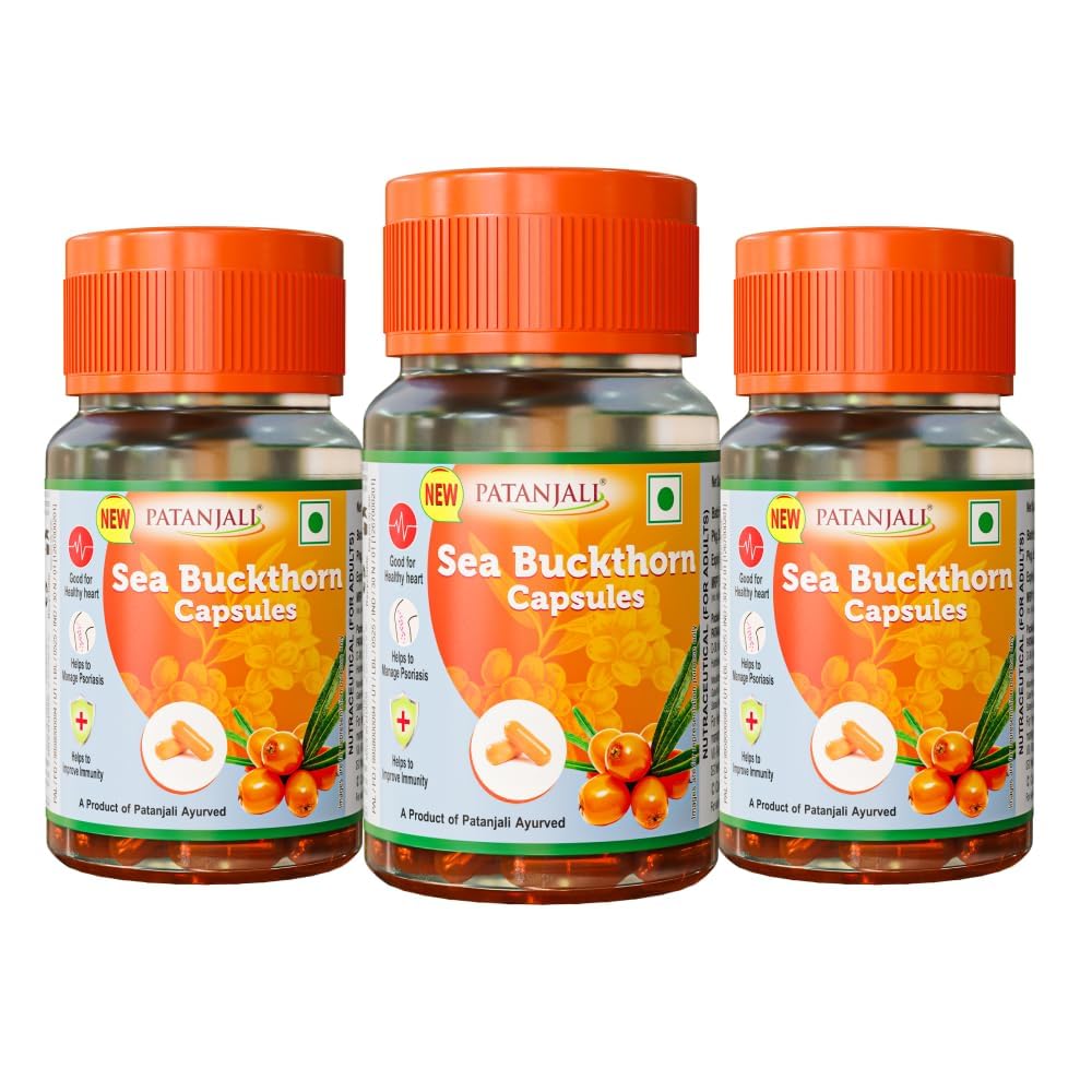 Patanjali Sea Buckthorn Fruit Berry Oil 500mg - 30 Veg HPMC Capsules | Rich in Omega 3, 6 & 9 | Dietary Supplement for Heart Health, Immunity & Deep Skin Hydration (Pack of 3)
