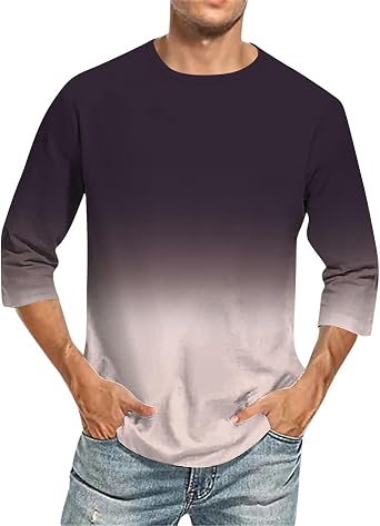 Shirts for Men Fashion Gradient Color 3/4 Sleeve Crewenck Shirt Regular-Fit Semi formal Work Top Loose Pullover