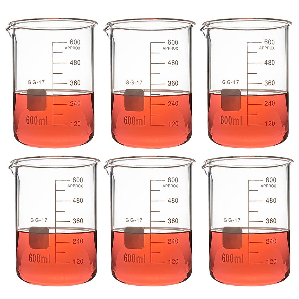 Vasos de precipitados de vidrio de forma baja de 600 ml, vaso de laboratorio de borosilicato transparente, vaso de medición de vidrio con graduación y pico vertedor, para laboratorio/escuela/hogar,