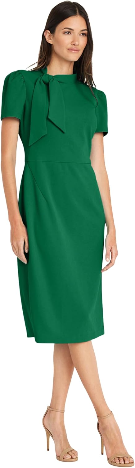 Maggy London Women's Dresses Midi Short Sleeve Sheath with Neck Tie Career Office Work Wear, Formal Garden, 4