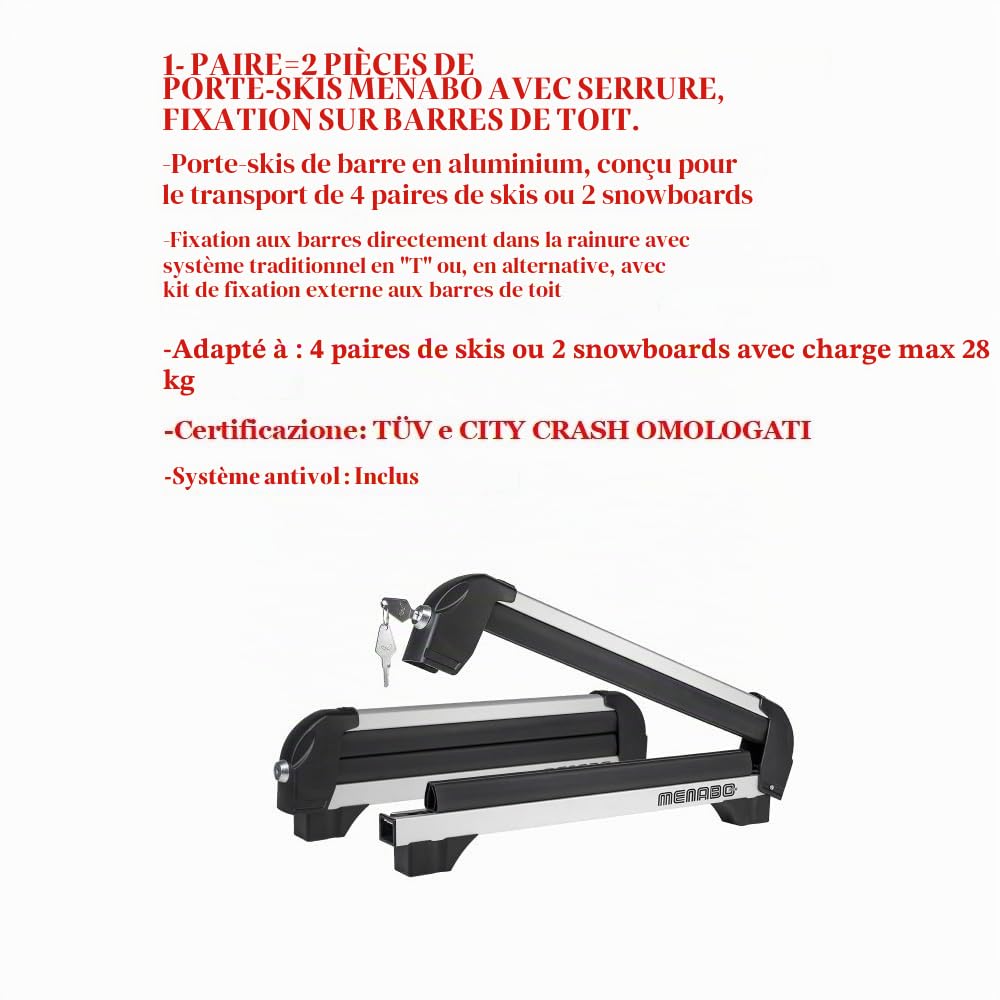Compatible avec Tesla Porte-Ski pour Barres DE Toit DE Voiture Attaque Skis À Neige Iceberg 4 en Aluminium AGRÉÉ pour 4 Paires DE Skis OU 2 Porte-Snowboards Max 28KG