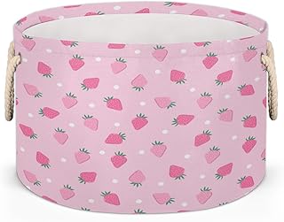 Cute Pink Strawberry Large Storage Basket Round Laundry Basket with Handle Organization Collapsible Storage Bins Box Hamper for Kids Toy Clothes Nursery Bedroom Living Room Decor