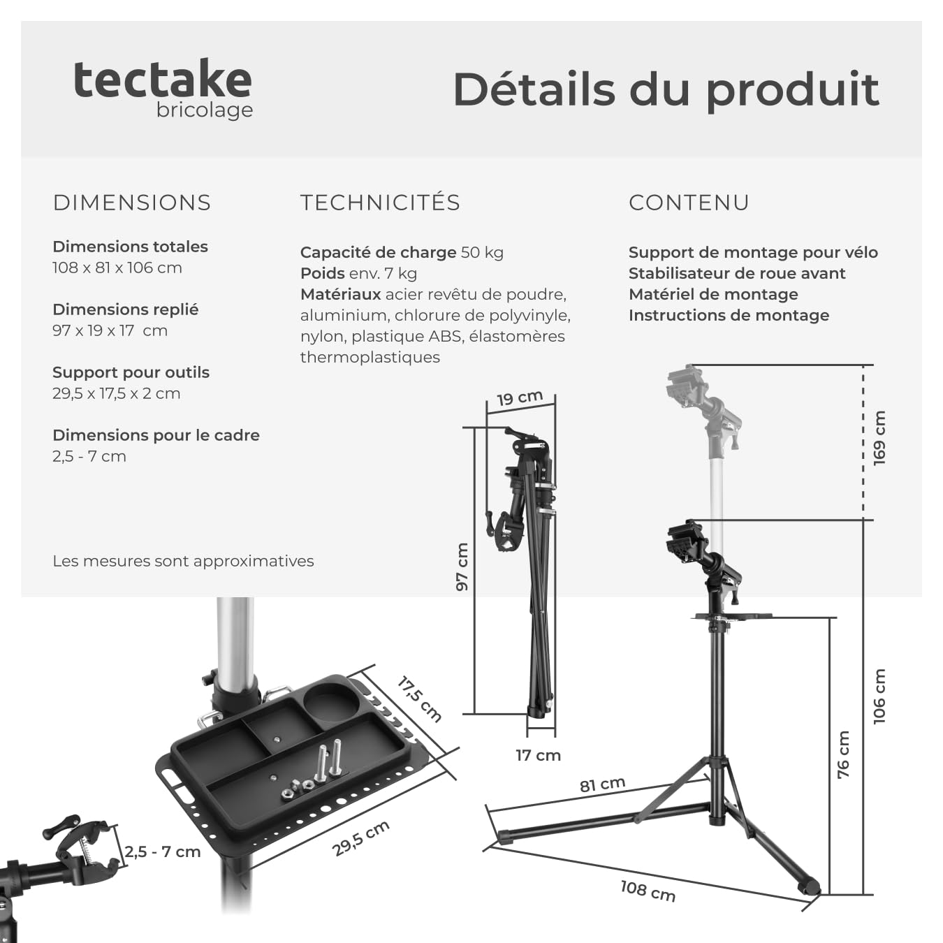 tectake® Support Velo Pieds d'atelier Charge 50 kg Support Vélo, Montage Entretien Reparation VTT Vélo electrique Velo de course Réglable Pliable - 108x81x106-169 cm