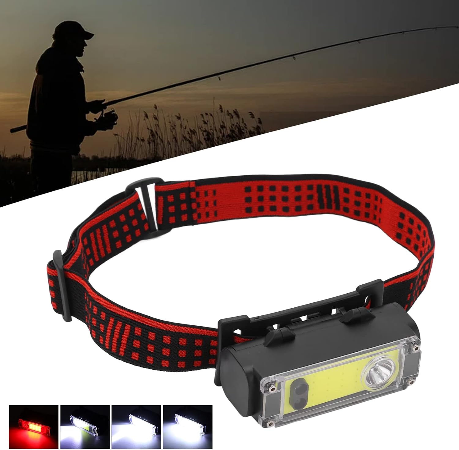 Topyond Headlight showing various light modes: red light, white COB light, white spotlight, and combined white light.