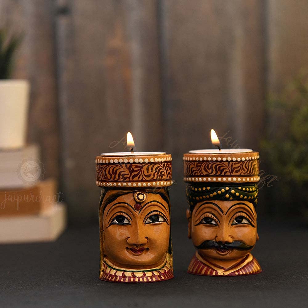 Indian Couple Doll Set Tea Light Holder | Wooden Hand Curved and Hand Painted Rajasthani Couple T-Light Holder, Handpainted Wooden Dolls, Rajasthani Couple Statue.-image-45