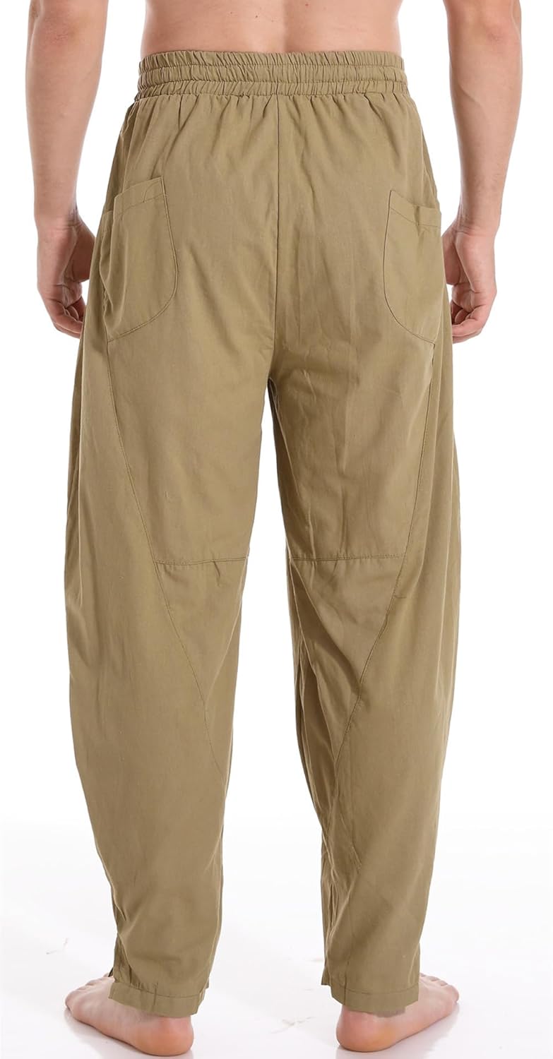 AITFINEISM Mens Cotton Linen Pants Elastic Drawstring Waist Lightweight Summer Beach Pants - Image 3