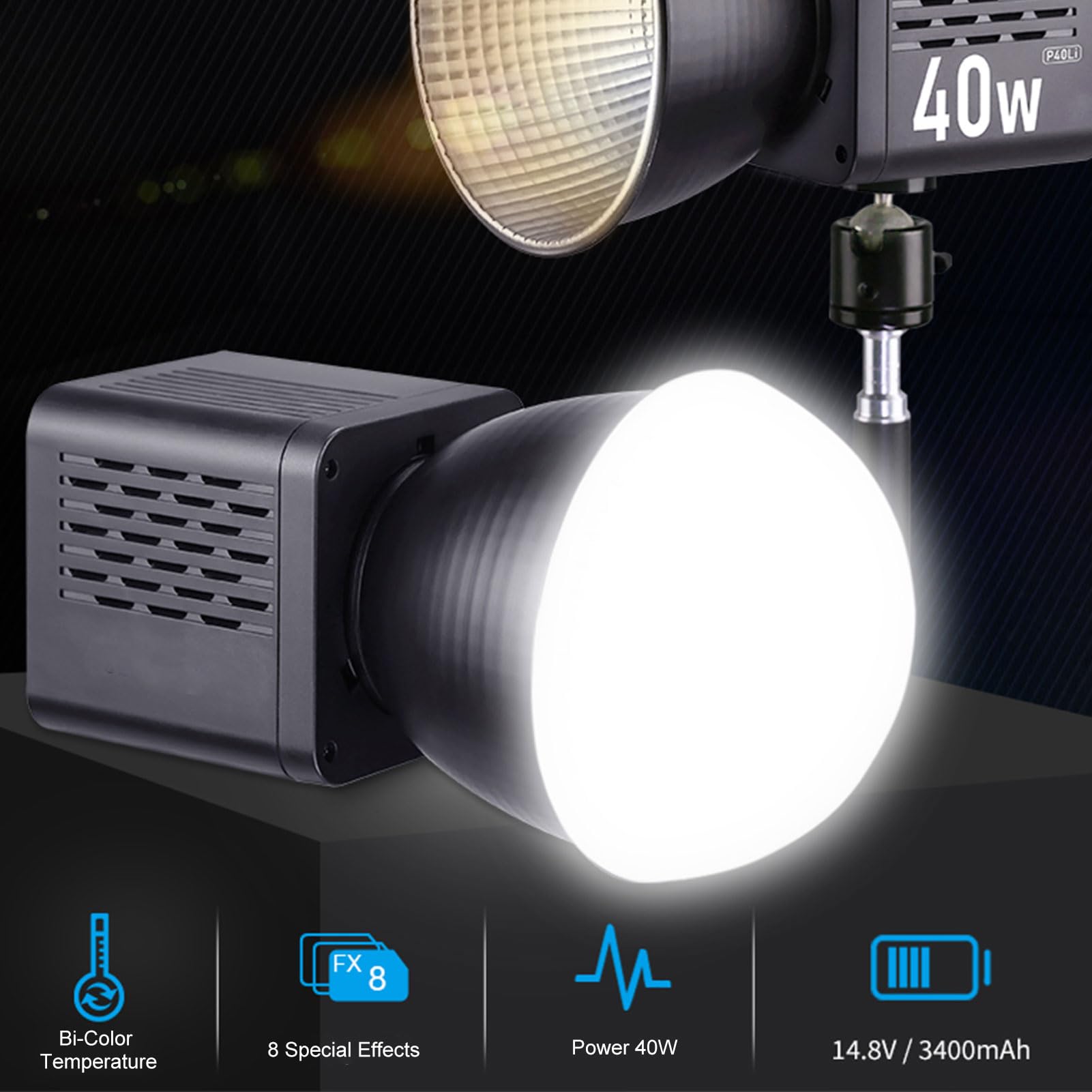 Andoer P40C - Luz LED de vídeo portátil COB de 40 W con temperatura de color ajustable de 2500 K-6500 K, alto CRI 95+, 8 efectos de luz, ventilador integrado para fotografía