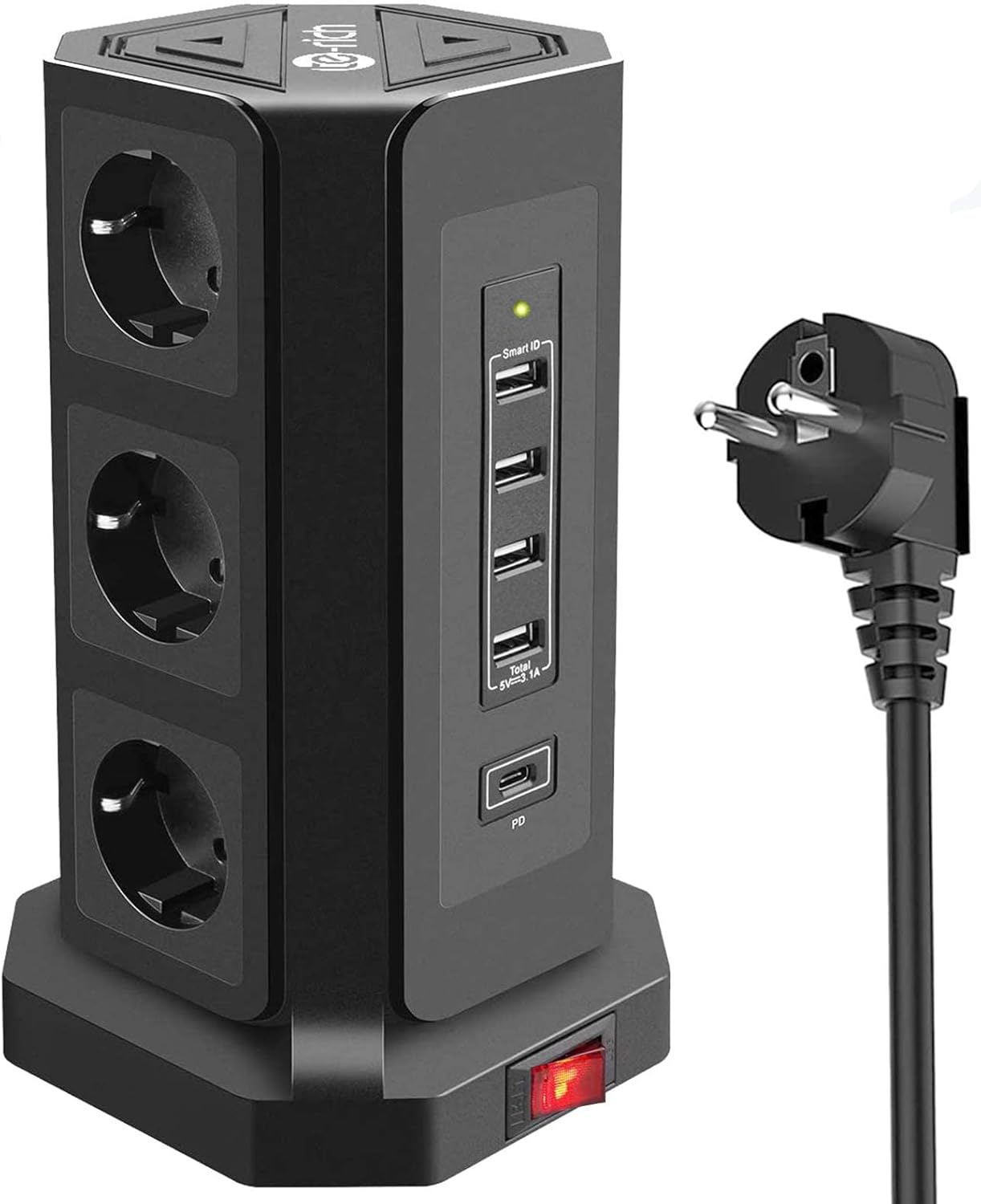 Te-Rich 18W Carga Rapida USB-C Enchufe Relgeta Vertical Torres Toma de Corriente 9 Regletas con 5 Puertos USB (1 USB-C e 4 USB-A) 3M Cable de protección contra sobrevoltaje y sobretensiones 2500W/10A