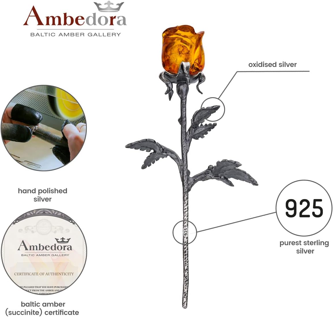 Eternal Rose, Oxidised Sterling Silver, Hand Carved Amber Rose, Small Silver Eternal Rose with Amber Head in Cognac Colour