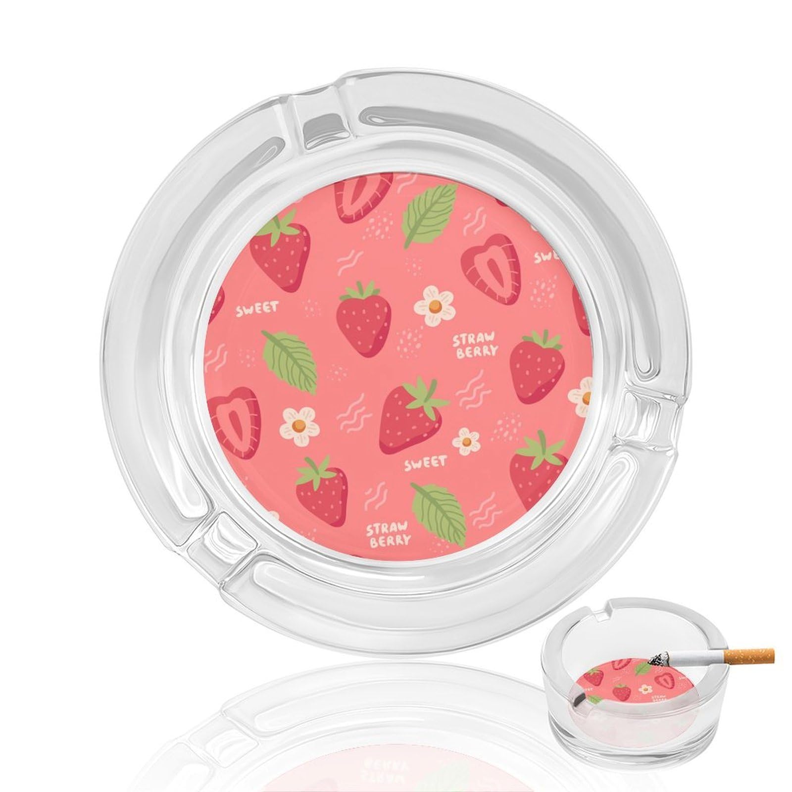 Sweet Strawberry F Glass Ashtray 3.3 Inch Round Cigarette Ash Holder with 4 Grooves for Home Office Outdoor One Size
