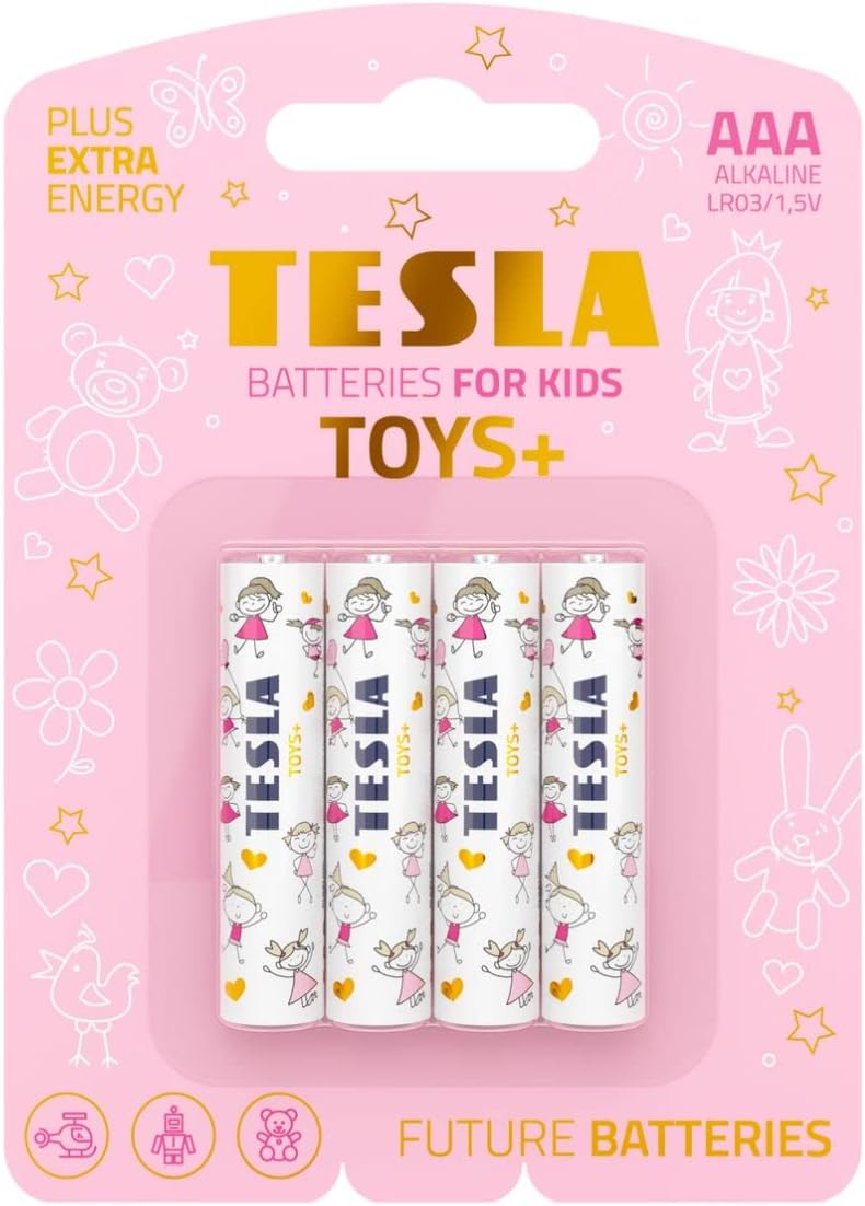 Tesla Toys+ Batteries for Girls, AAA Maximum Power Alkaline Batteries, 10 Year Shelf Life, A Long-Lasting Battery Life, Leak-Free, LR03, 4 Count [Pack of 1]