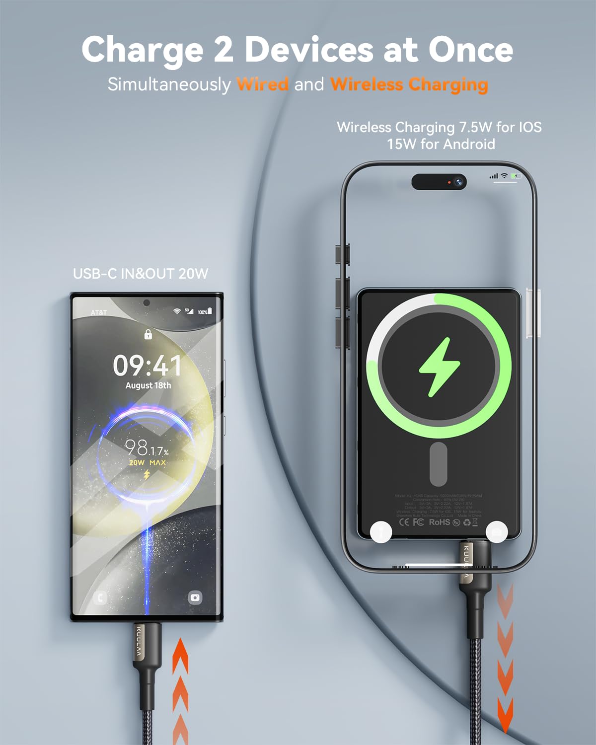 Kuulaa Powerbank Magsafe 5000 mAh PD 20 W, Slim Powerbank, MagSafe, 8