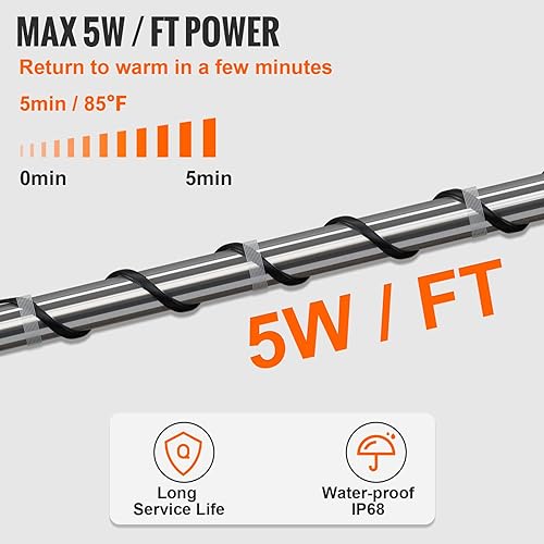 Miniatura 55 de VEVOR Cable de calefacción de tubería autorregulable, cinta térmica de 3 pies y 5 W/pies para protección contra congelación de tuberías, cable