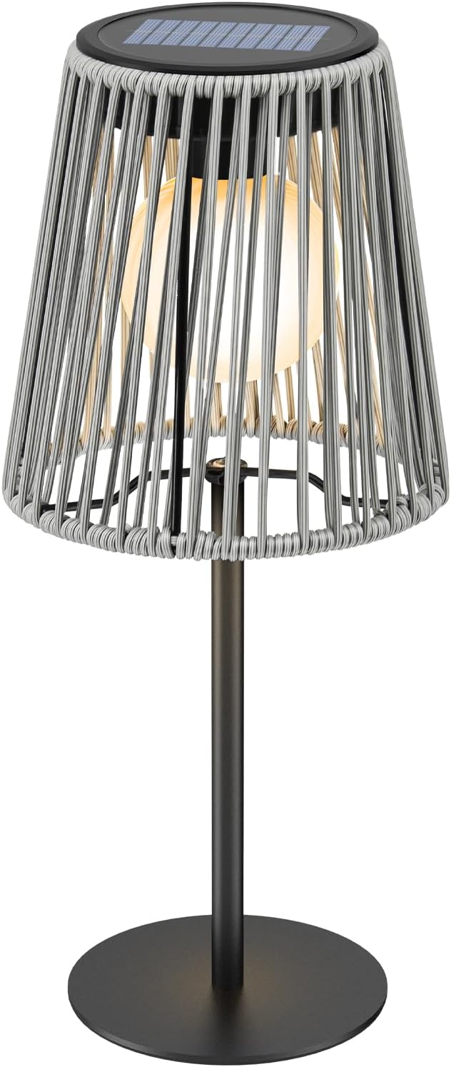 Solar Table Lamp Outdoor, Dual Solar & USB Charging Rattan Lamp, IP45 Waterproof Boho Desk Lamp, Portable Decorative Night Light for Patio Garden Yard Bedroom Living Room Tabletop