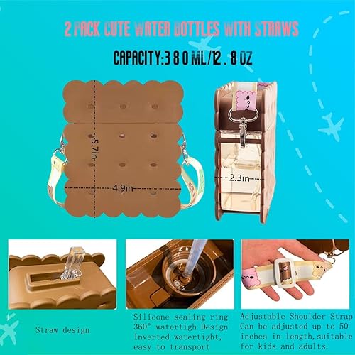 Miniatura 2 de 2 botellas de agua lindas con pajillas, creativas Kawaii en forma de galleta de plástico a prueba de fugas con correa ajustable para el hombro, para