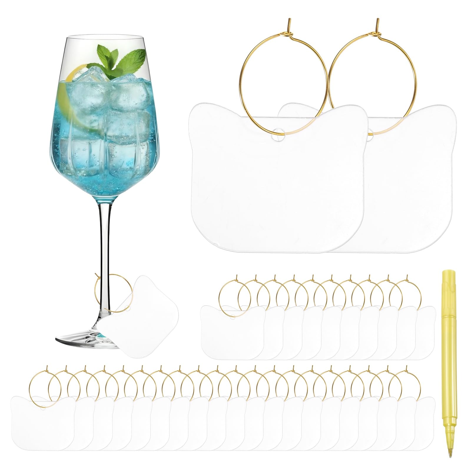 sourcing map 40 Pcs Wine Glass Charm with Ring Tags, Drink Glass Identifiers Acrylic Keychain Blanks with Gold Marker for Stem Glasses Wedding Party Birthday DIY Craft, Clear Cat Head Shape