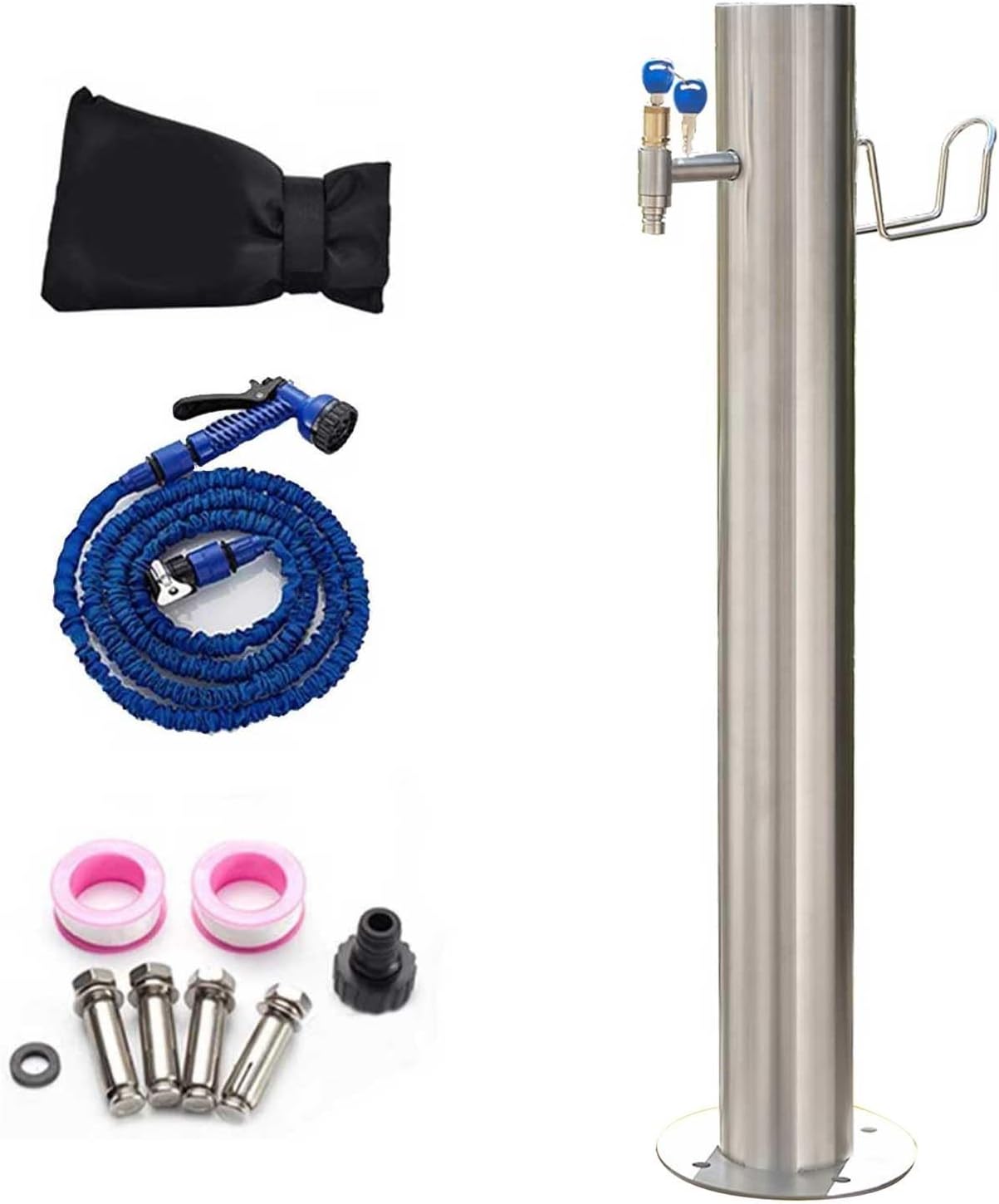 Stainless Steel Outdoor Water Column with Locking Faucet, Durable Antifreeze Freestanding Hose Stand, Vertical Garden Design (34x4in) for Efficient Watering Solutions