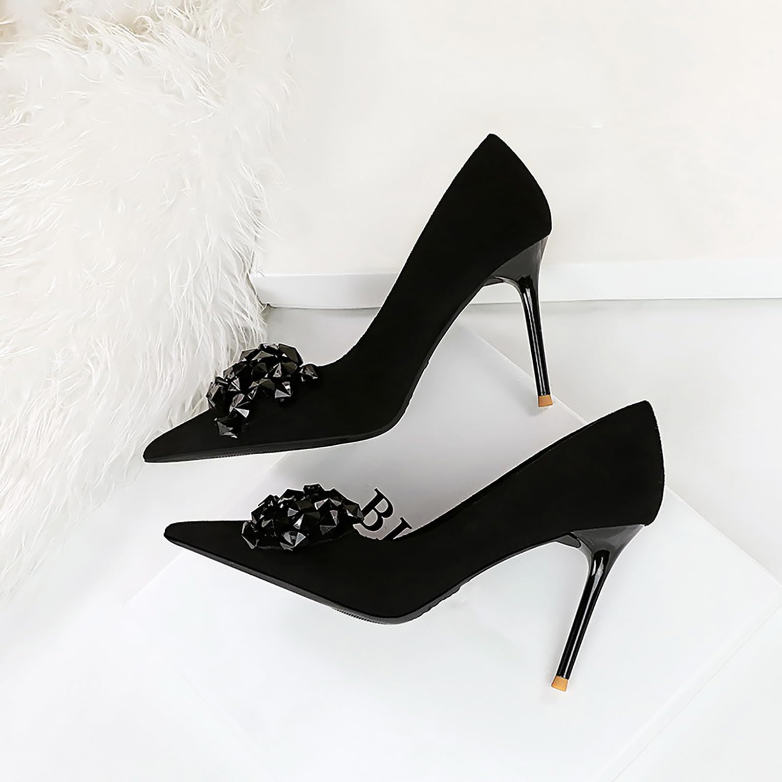 Zapatos De Tacón Alto para Mujer, Sexys, con Punta Cerrada Y Tacones De Aguja con Diamantes De Imitación De 4 Pulgadas, Cómodos Zapatos De Fiesta Sin Cordones