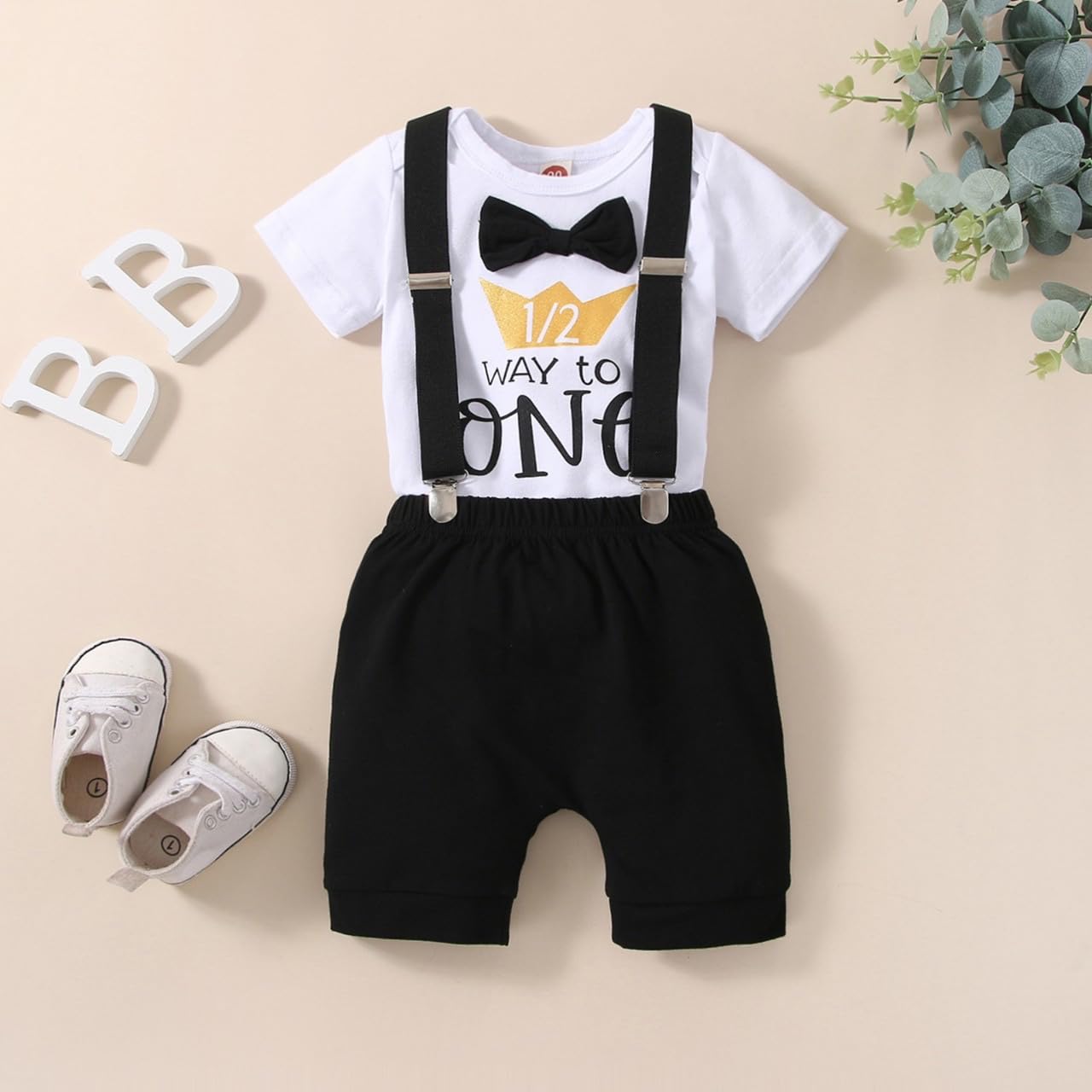 Highnesson-ww Baby Boy Funny 1/2st Birthday Clothes Infant Clothes Bow Tie Themed Romper Pants Set Suspenders