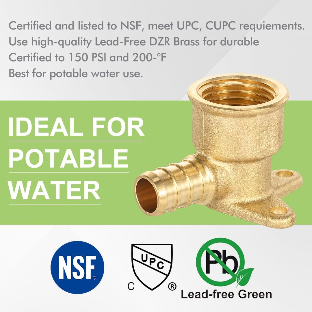 10 Pack Drop Ear Elbow Fittings,1/2" PEX x 1/2" NPT Female Threaded Brass Barb Pex Fittings, Full Port for PEX pipes, NSF/ANSI 61 NSF 372 Certificate, ASTM F1807 Certified